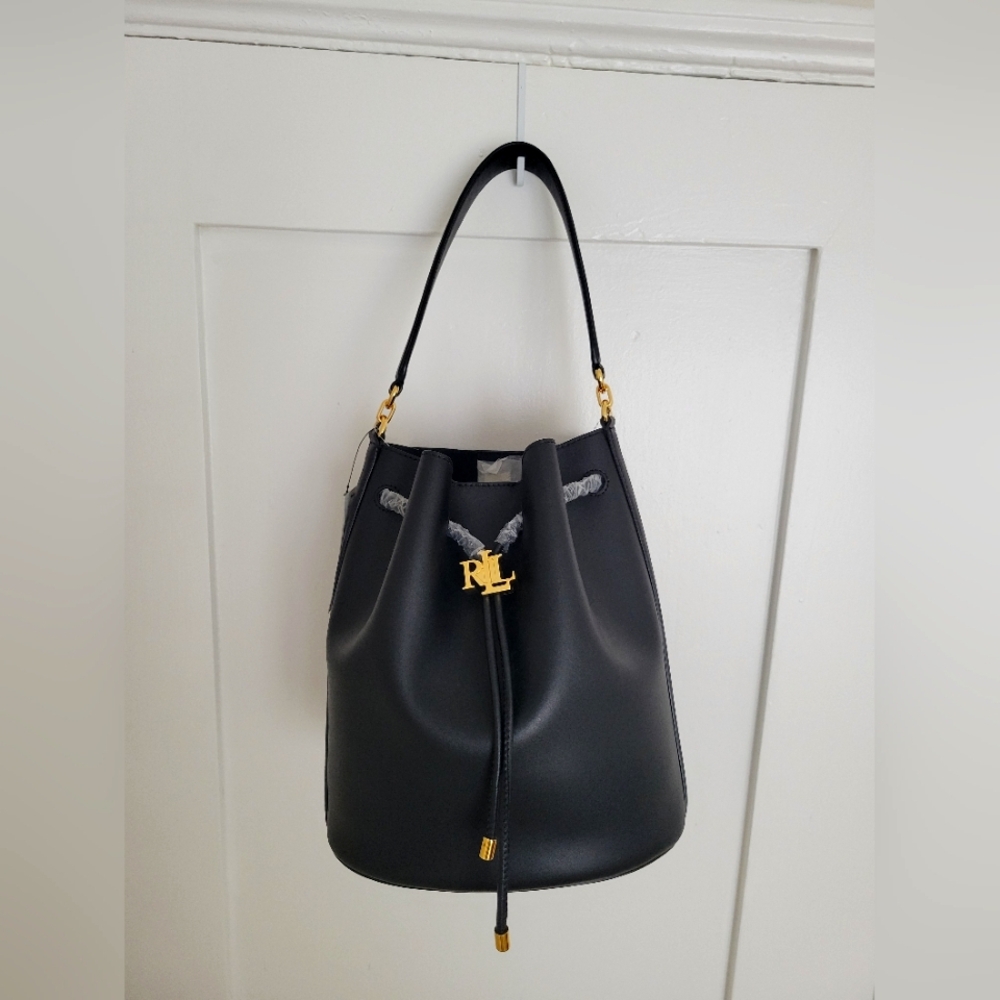 Ralph Lauren Carryover Black Leather Shoulder Bucket Bag with Strap NWT